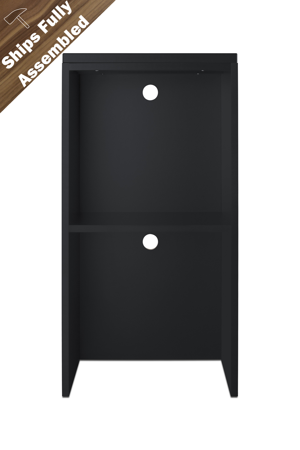 Fully assembled casework hutch in a black finish designed to accept compact microwaves